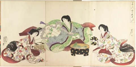 Yōshū (Hashimoto) Chikanobu (Japanese, 1838–1912), Triptych of woodblock pr...