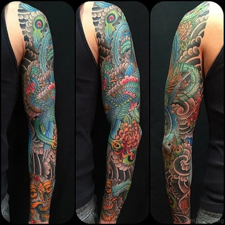 Рукав значения. Рукав феникс. феникс tattoo рукав. татуировка на всю руку феникс. тату рукав феникс для девушки.