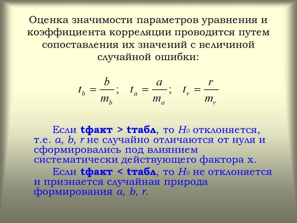 Значимость параметров уравнения регрессии. Оценка статистической значимости коэффициента парной корреляции. Уравнение корреляции. Оценка параметров уравнения. Коэффициент корреляции парной регрессии.