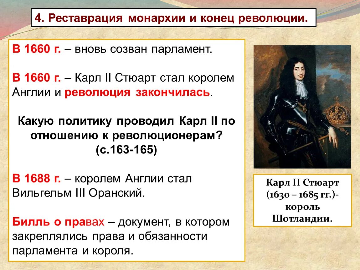 Путь к парламентской монархии 7 класс. Реставрация монархии в Англии. 1660 Год в Англии. 1660 Год событие в истории. Причины реставрации монархии в Англии.