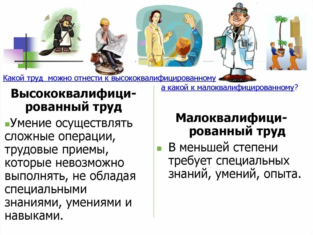 Примеры низко квалифицированого труда. Высококвалифицированный труд и малоквалифицированный труд. Сходства высококвалифицированного и малоквалифицированного труда. Высококвалифицированный труд примеры.