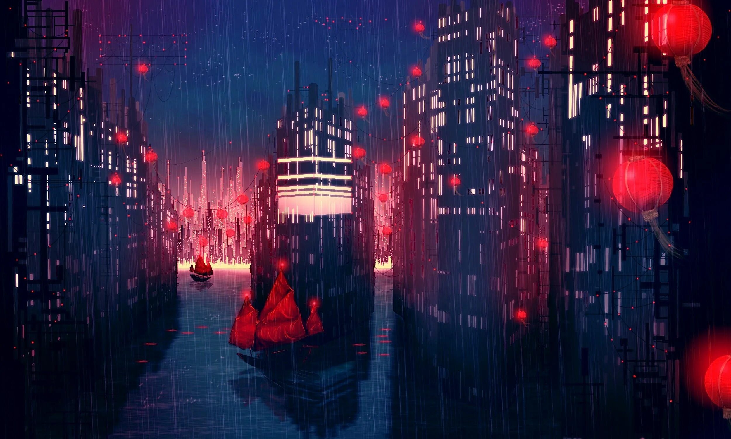 Rain town. Дождь в городе. Ночной город арт. Красный город. Дождливый город.