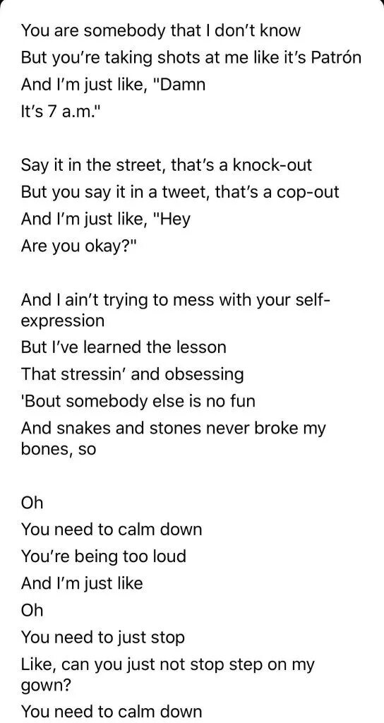 Слова песни down. Calm down текст песни. Calmness Mvtriix текст. Calm down песня. You need to Calm down Taylor Swift.