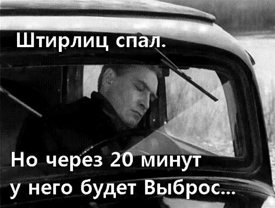 Не засыпая на минуту он смотрел. Штирлиц спал. Штирлиц спал Ровно через 20 минут.