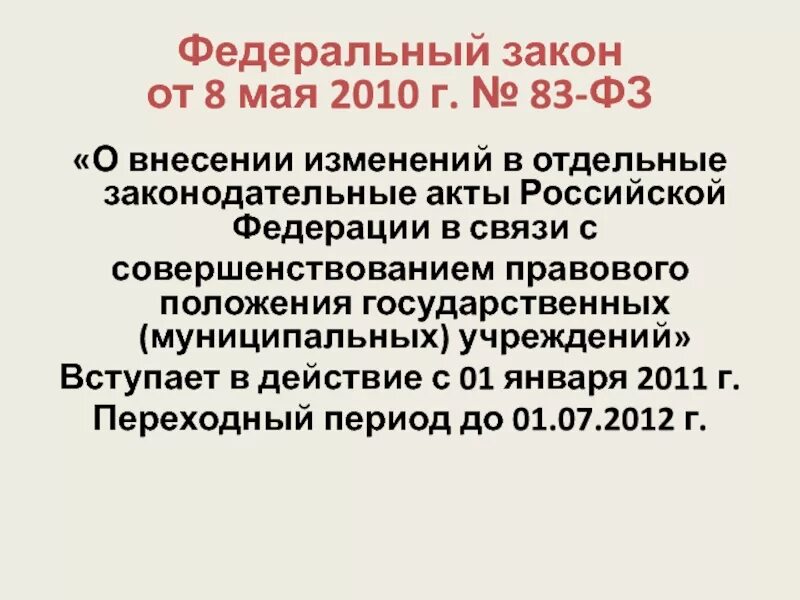 7 фз 2002 статус. 83 Федеральный закон. ФЗ О внесении изменений в отдельные законодательные акты. ФЗ 83. ФЗ 83 от 08 05 2010 г.