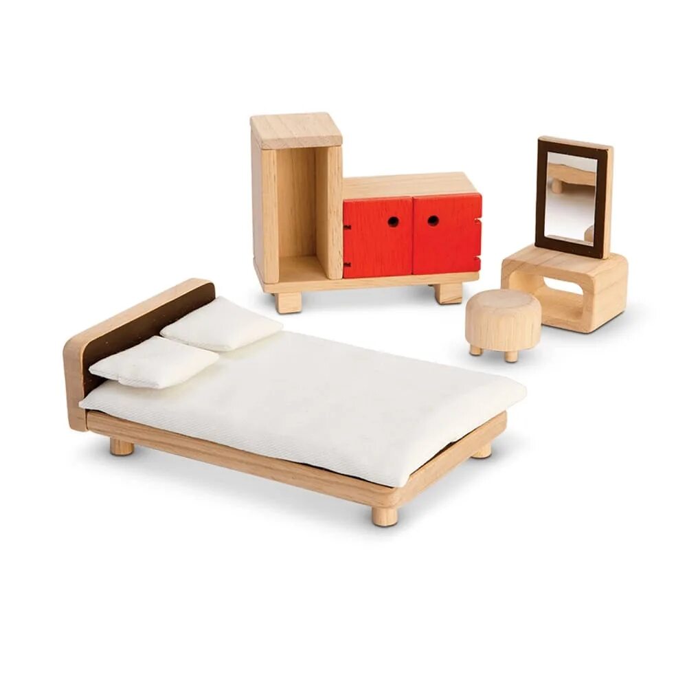 Bedroom toys. Plan Toys набор мебели. Plan Toys спальня. Игрушечная деревянная мебель. Маленькая мебель для кукол.