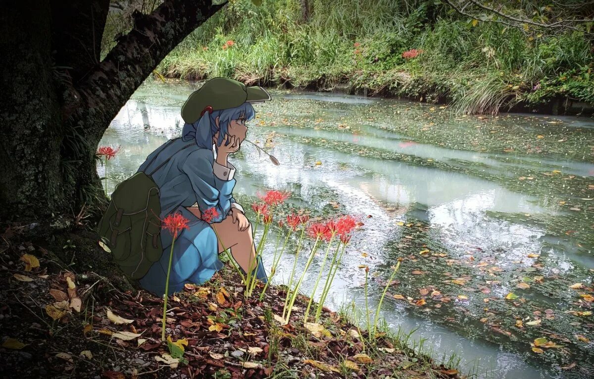 Отражение человека в ручье. Девочка возле ручья.