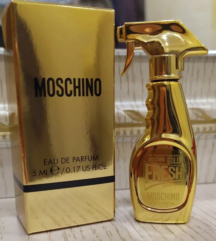 Moschino Gold Fresh Couture миниатюра. Moschino Fresh Gold 5мл. Москино духи золотистые.