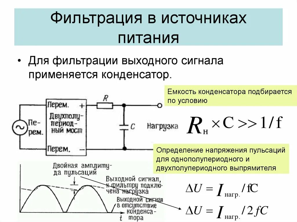 Однополупериодный диод. Рассчитать емкость конденсатора для выпрямителя напряжения. Емкость конденсатора выходного емкостного фильтра. Фильтрация в источниках питания. Выпрямитель с конденсатором.