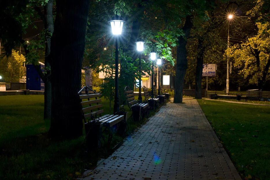 Парк победы петербург ночь. Екатеринбург парк ночью. Освещение в парке. Ночной парк белокан. Парковое освещение.