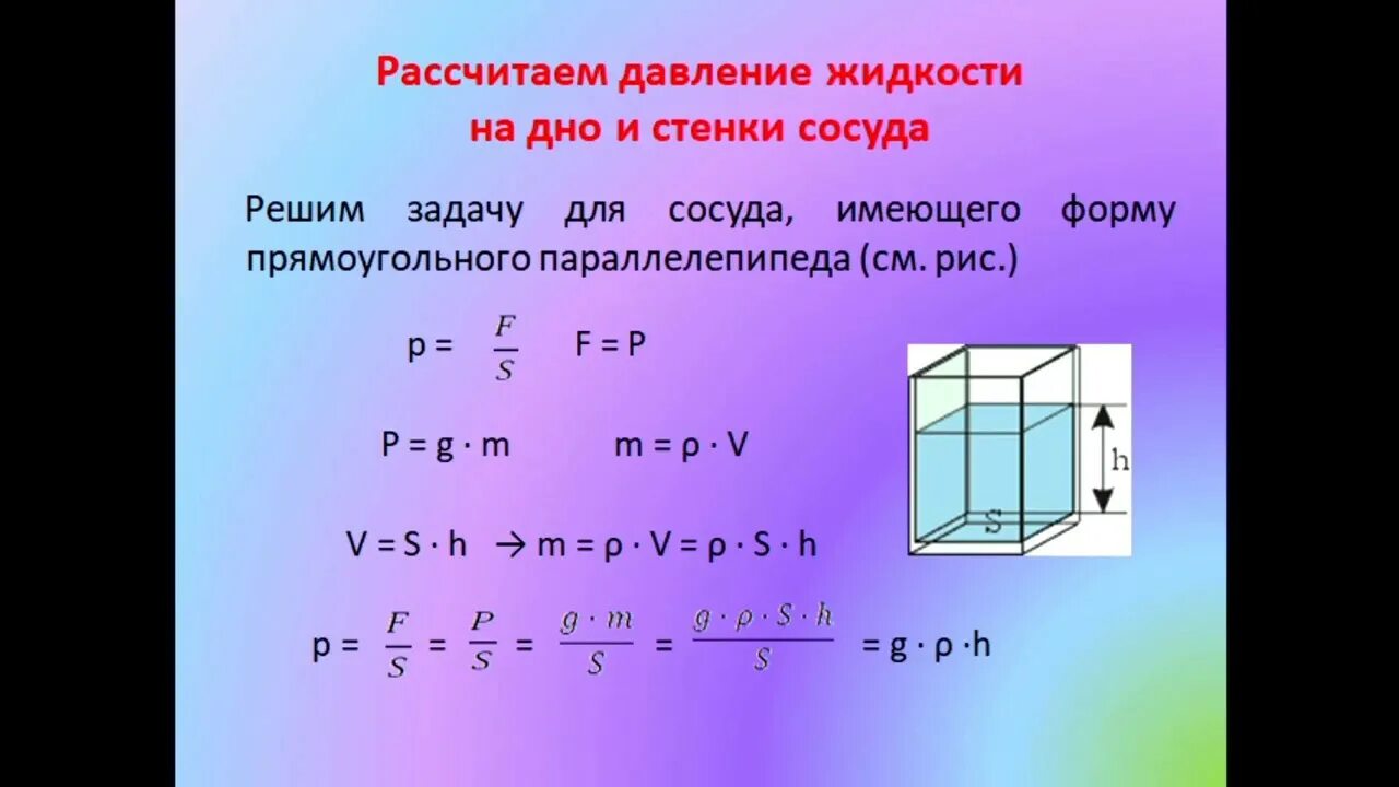 Вычисли давление жидкости плотностью. Давление на стенки сосуда. давление жидкости на стенки сосуда.