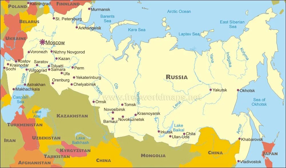 Карта России. Карта России с городами. Расположение России на карте. Границы РФ на карте.
