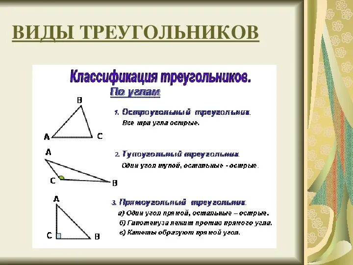 Виды треугольников по углам и сторонам. Типы треугольников по углам. Треугольник классификация треугольников. Треугольник и его углы.