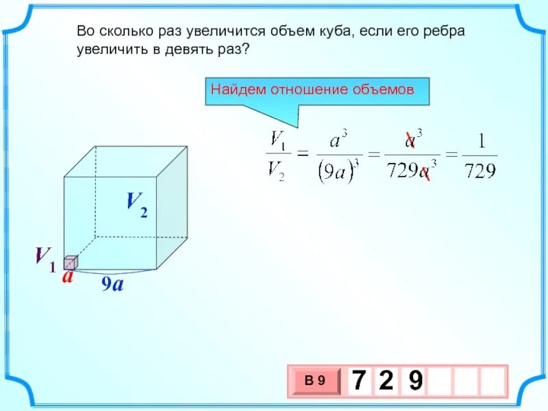 Отношение объемов Куба. Во сколько раз увеличится объем Куба. Объем Куба с ребром. Во сколько раз увеличится объем Куба если его ребра.