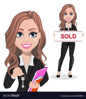 Beautiful realtor woman holding key and holding banner with text Sold. 