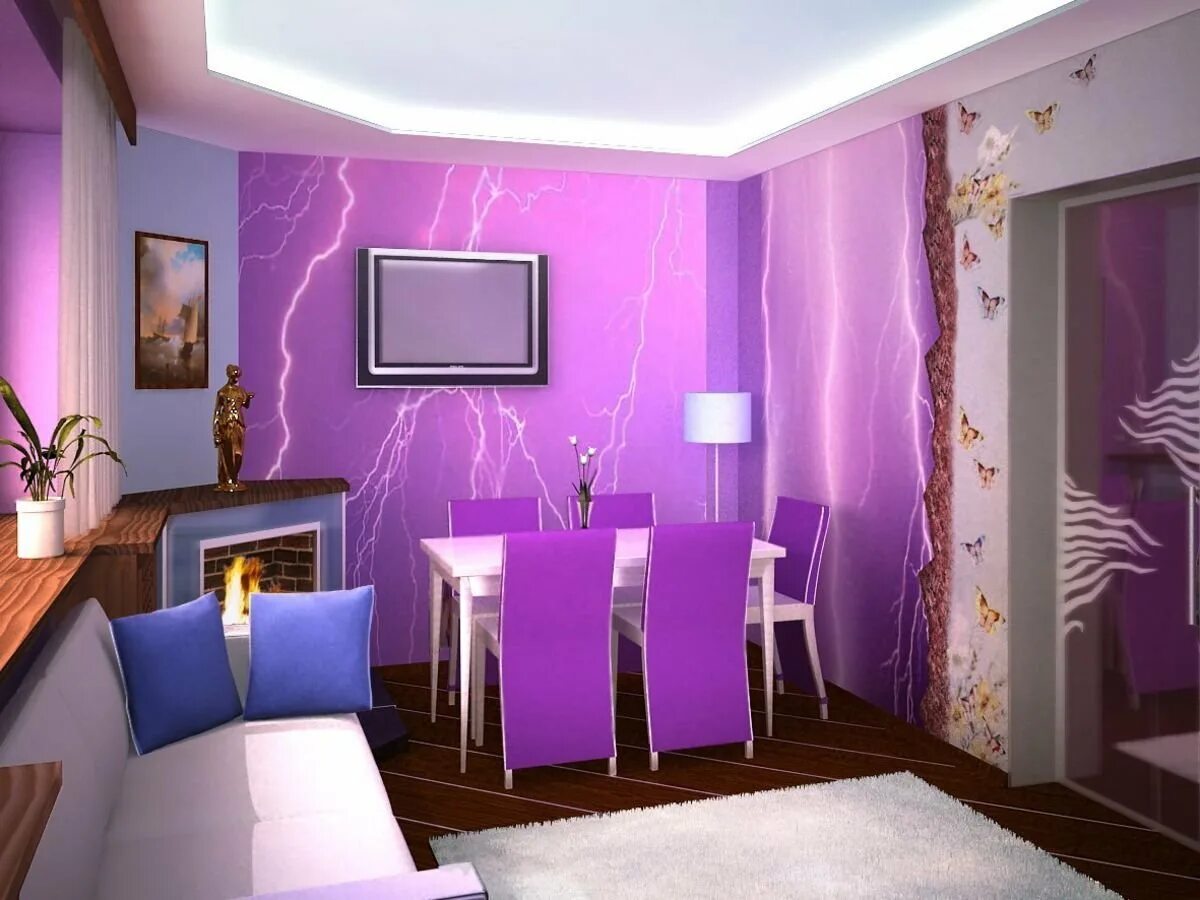 Выделение фиолетового цвета. Интерьер гостиной в сиреневых тонах. Фиолетовые стены в интерьере гостиной. Гостиная в фиолетовом цвете. Интерьер комнаты в фиолетовом цвете.