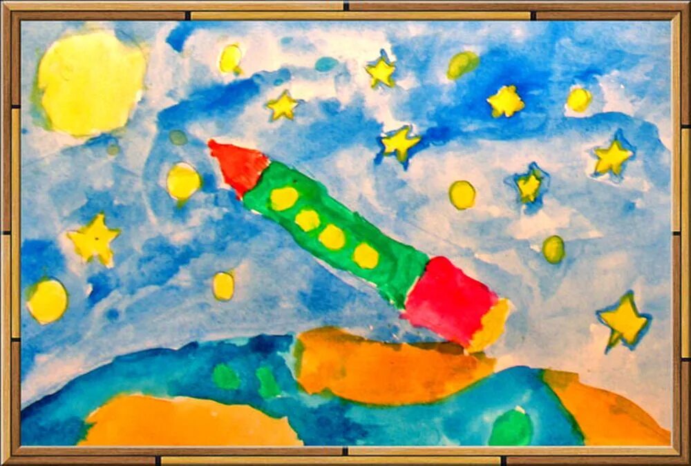 Рисование на тему космос в детском саду. Рисование в детском саду ко Дню космонавтики. Рисунок ко Дню космонавтики. Рисунок на день космонавтики для детей в детском саду.