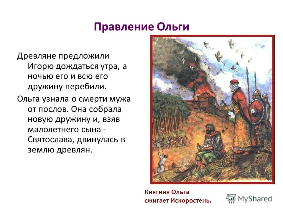 Ведал земельными пожалованиями. Смерть князя Игоря от древлян. Княжение Ольги. Восстание древлян Искоростень.