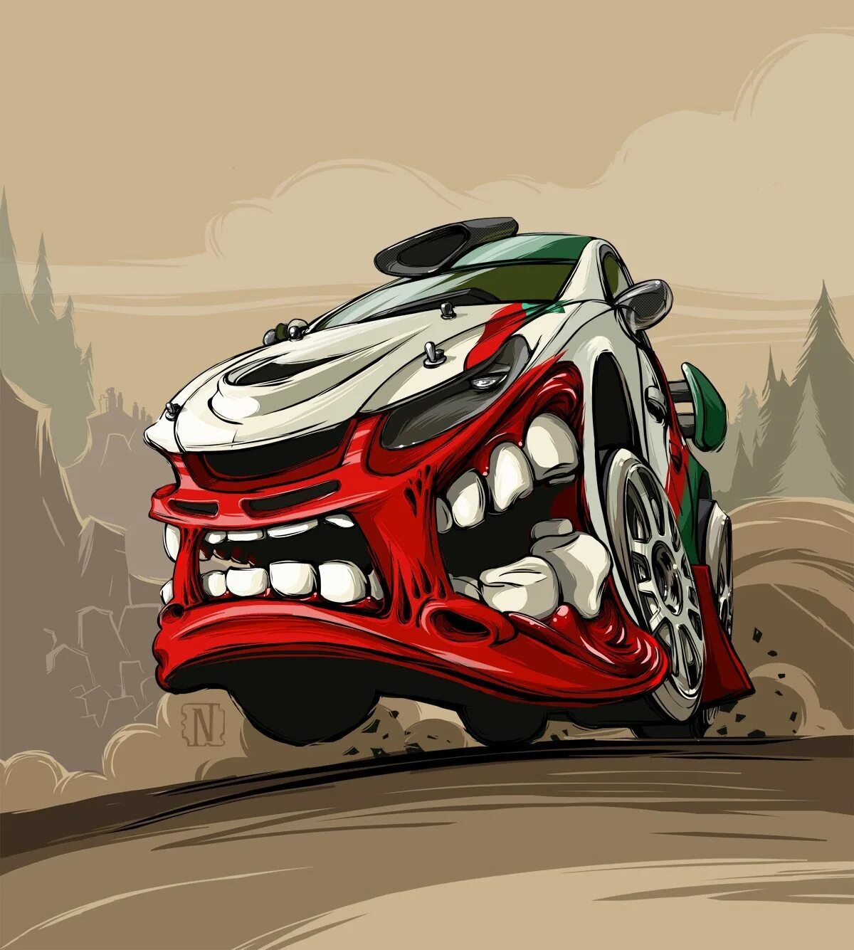 Авто в мультяшном стиле. Машина в стиле хэллоуин. Про злых машин. Про злых машин. Арты машин.