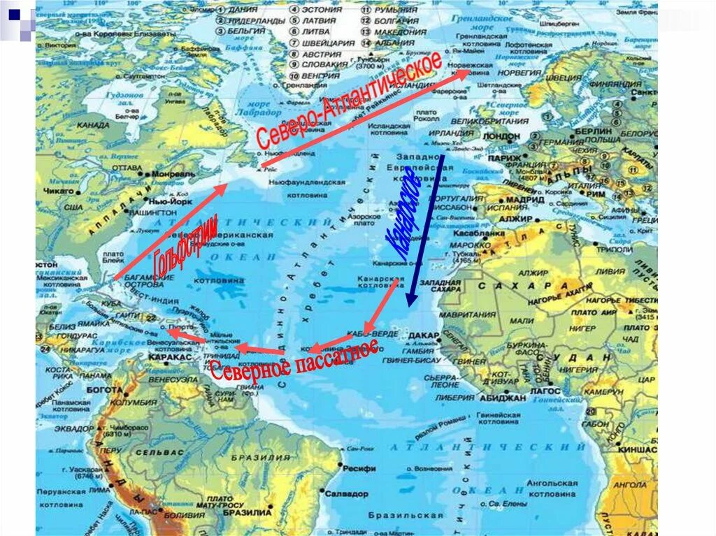 Континент атлантического океана. Гольфстрим течения Атлантического океана. Течения Северной части Атлантического океана. Северное пассатное течение в Атлантическом океане. Антильское течение на карте Атлантического океана.