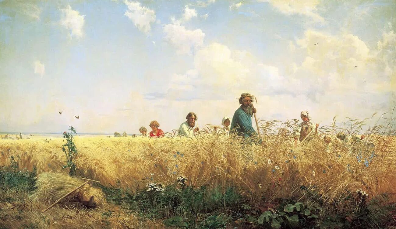 The road in the rye. Г.Г. Мясоедов. "Страдная пора (Косцы)". 1887..