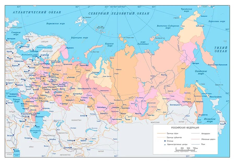 Карта морей россии с городами подробная. Карта Российской Федерации. Карта России с городами. Административная карта РФ. Карта российских городов.