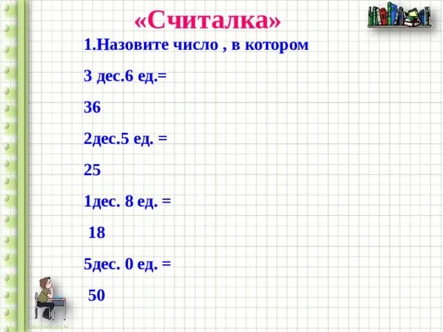 3 назови число которое содержит. 2дес 0ед. 1 Дес.5 ед. 4 Дес и 2 ед. 5 Ед 1 дес сколько.