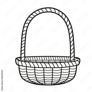 Empty wicker basket with large handle outlined for coloring book on white backgr