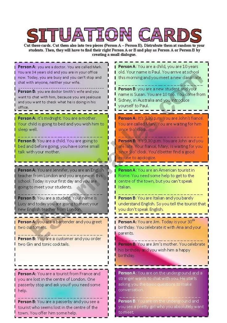 Situation Cards. Speaking situations Cards. Situations in English for students. Roleplay speaking activities. Speaking situations