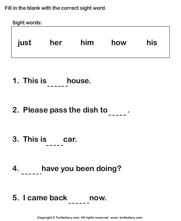 Sight Words Worksheets. Fill in the blanks. Sight Words sentence Cards. Missing Words in sentence Worksheet.