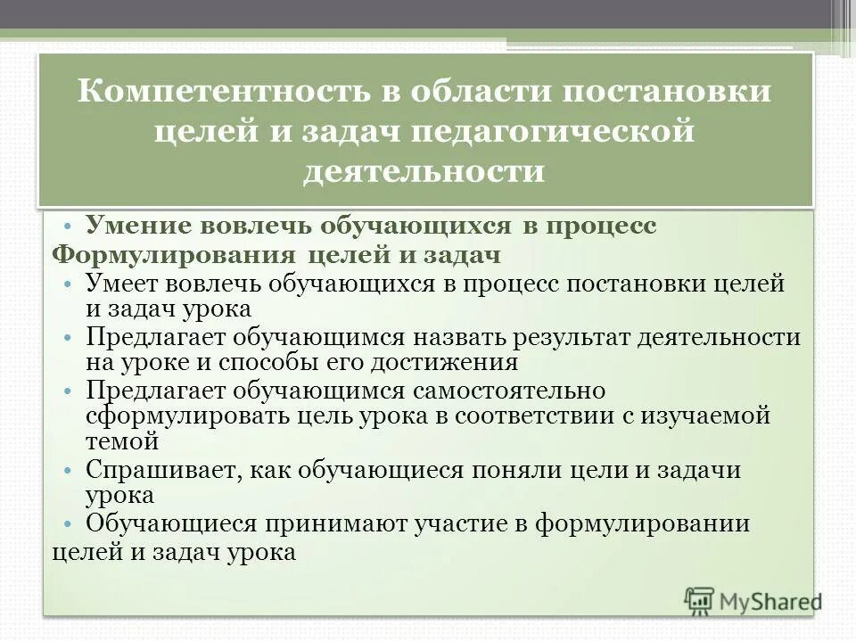 В области постановки целей и задач педагогической деятельности. Компетенции педагога-психолога. Постановка цели и задач образовательного процесса. Итог ис