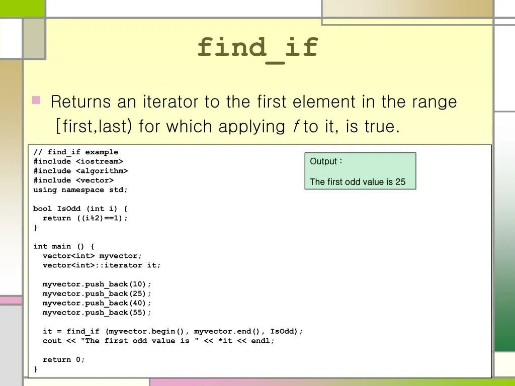 Std vector find. Find_if для вектора. if return. std ranges find if. как пользоваться find.
