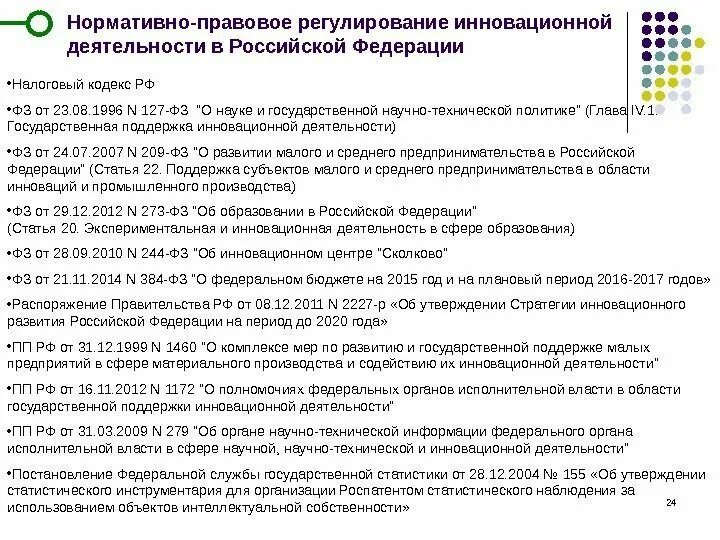 База инновационной деятельности. Нормативно-правовое регулирование деятельности. Нормативно-правовая база регулирования инновационной деятельности. Правовое регулирование инноваций. Государственное регулирование инновационной деятельности.