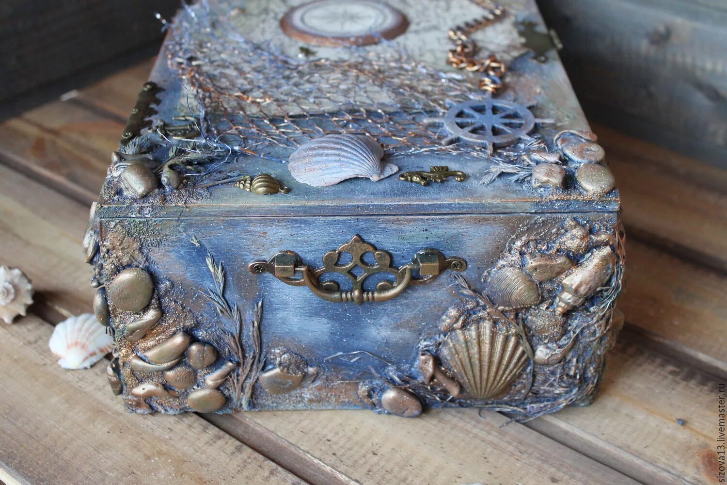 Шкатулка для декора. Морская шкатулка. Оригинальные шкатулки. Декор шкатулки в морском стиле. Подарочная коробка в морском стиле.