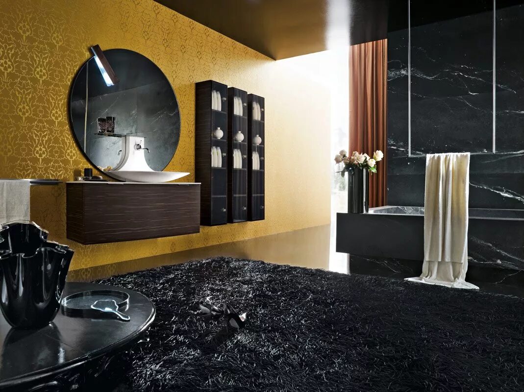 Unique black. Интерьер черный с золотом. Черно Золотая ванная комната. Ванна в черно золотом. Ванная черная с золотом.