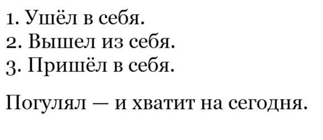 Вышел из себя пришел в себя прогулялся. Ушла в себя пришла в себя. Вышла из себя пришла. Пришел в себя ушел в себя погулял и хватит. Что значит приходить в себя