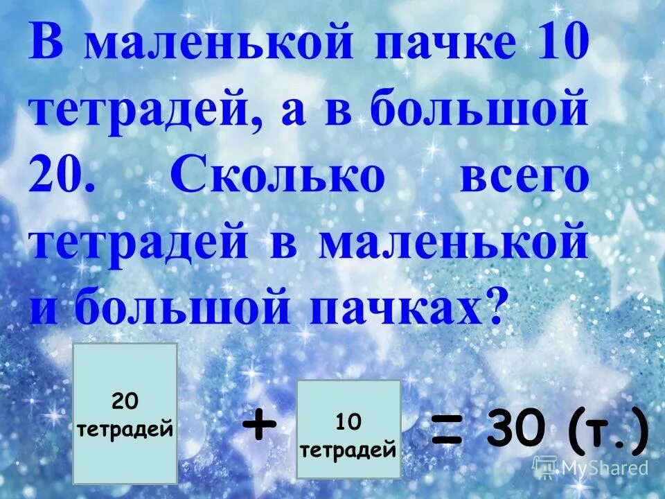 В пачке 6 тетрадей. Сколько всего. В маленькой пачке по 10 тетрадей. В пачке 154 тетрадей сколько тетрадей. Задача 1 класс :в маленькой пачке 10 тетрадей, а в большой 20.