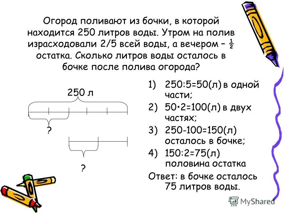 Сколько осталось в начало июля. Сколько литров воды осталось в бочке. Схематическое решение задачи воды в бочке. Скольв одной бочке литров.