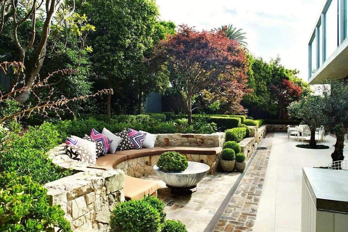 Современный дизайн сада. Современный сад. стильный ландшафт. красивые современные сады. красивый ландшафт.