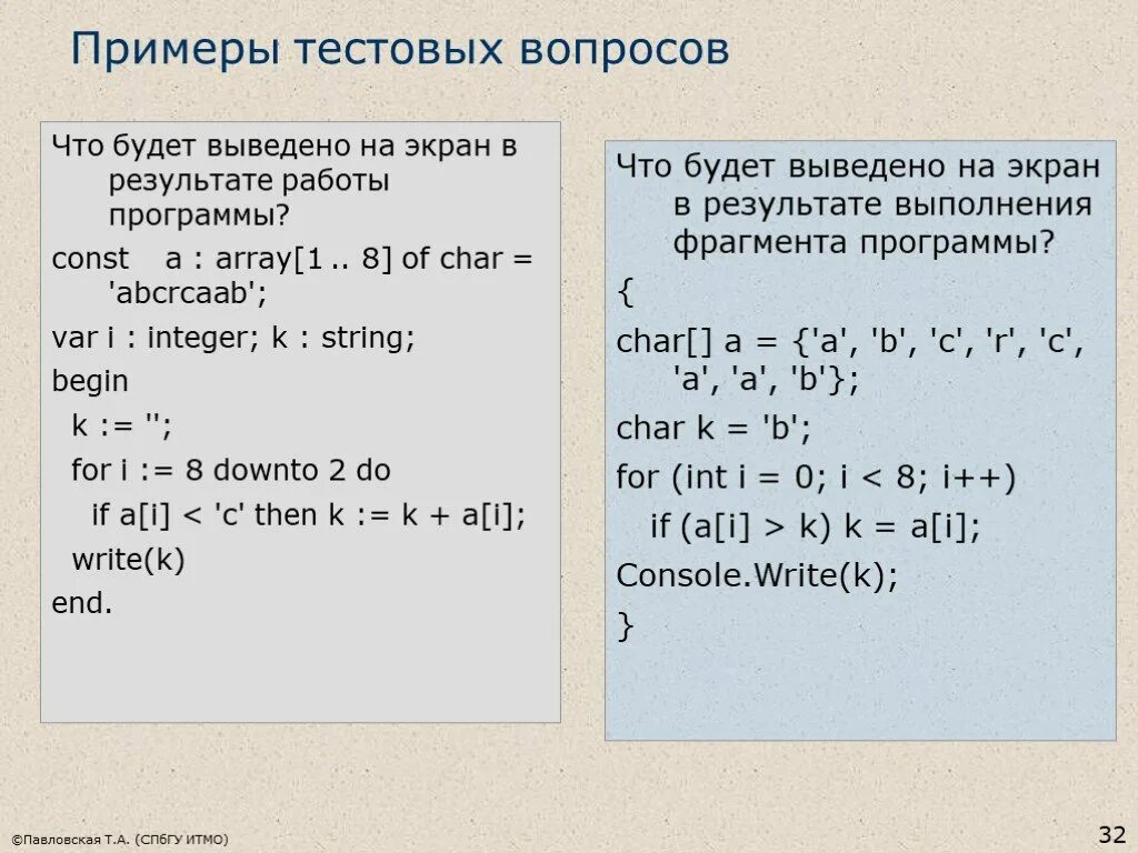 Выполнение фрагмента программы. Примеры тестовых вопросов. Что будет выведено в результате работы программы. Что будет выведено на экран в результате выполнения программы.