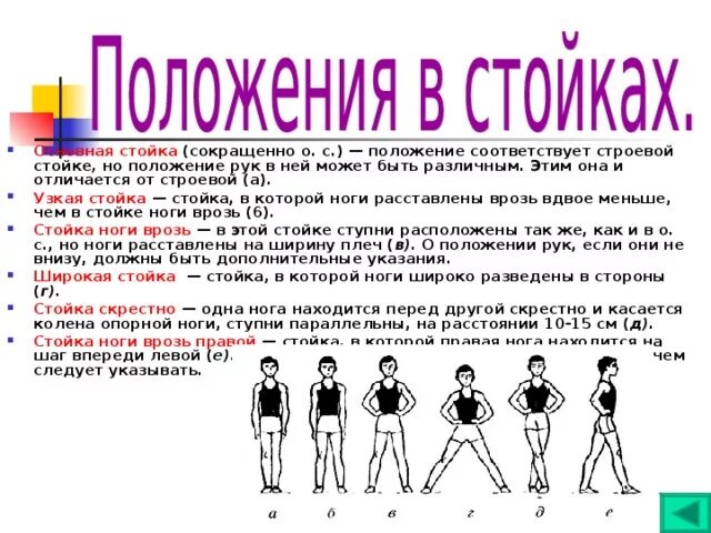 После какой команды принимается основная стойка. Исходные положения в гимнастике. основные исходные положения в гимнастике. основная стойка. стойки в физкультуре.