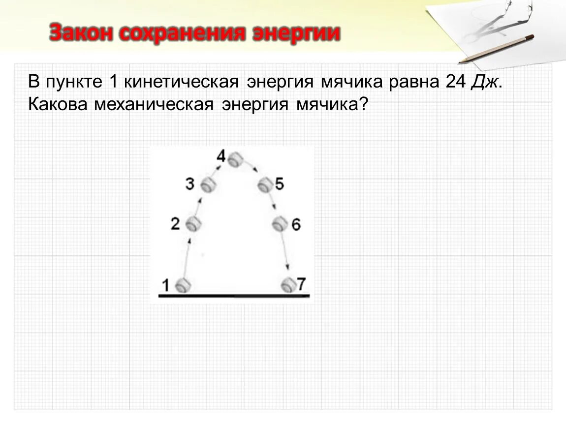 Кинетическая энергия мячика. Механическая энергия мячика равна. Потенциальная энергия мячика. Какова кинетическая энергия мячика в пункте 1?.