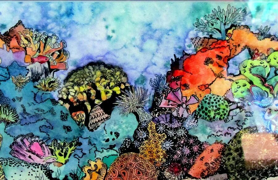 Сообщество кораллового рифа. Коралловый риф акварелью. Нарисовать коралловый риф. Коралловый риф рисунок акварелью. Арт большой Барьерный риф.