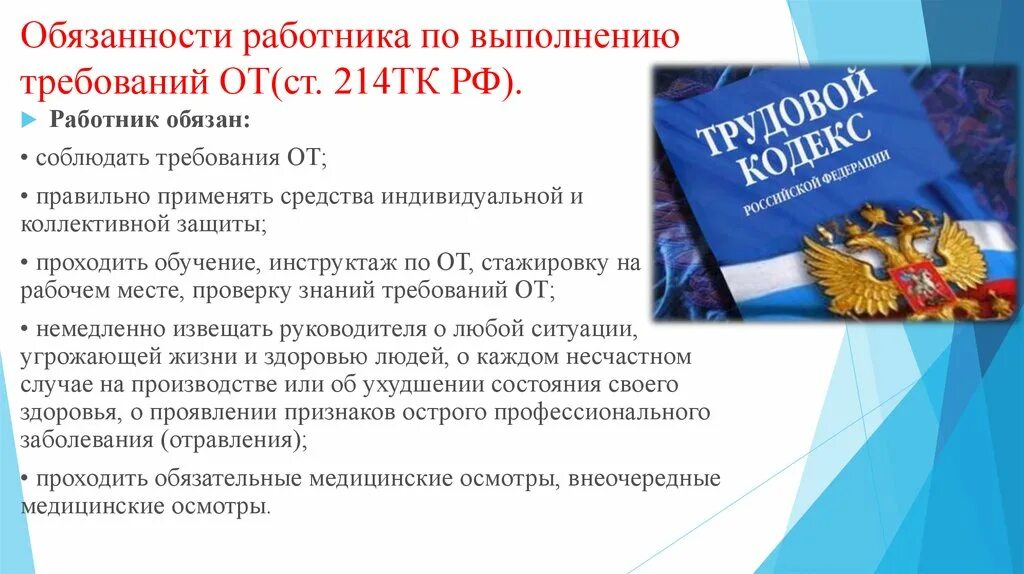 Трудовой кодекс устанавливает какую ответственность. Ст 214 ТК РФ. Трудовой кодекс РФ. Обязанности работников в области охраны труда по ТК РФ. Ст 214 охрана труда.