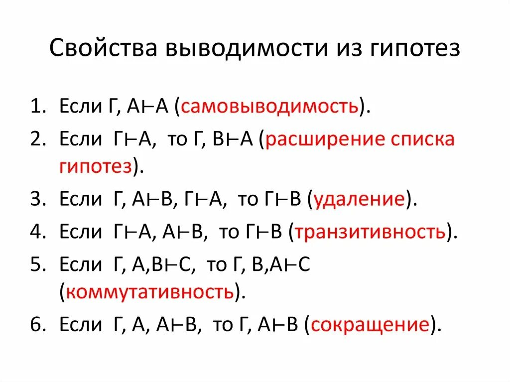 Логическое описание гипотез. Свойства выводимости. Свойства выводимости в исчислении высказываний. Выводимость в логике. Правило логической выводимости.