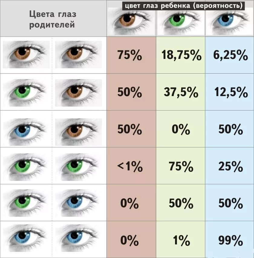 Таблица цвета глаз по родителям