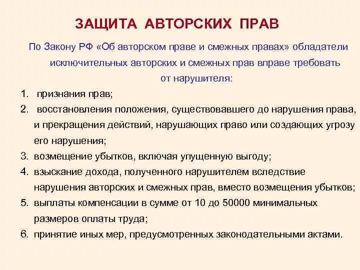 Защита авторских прав. Способы защиты авторских прав. Охрана авторских прав.