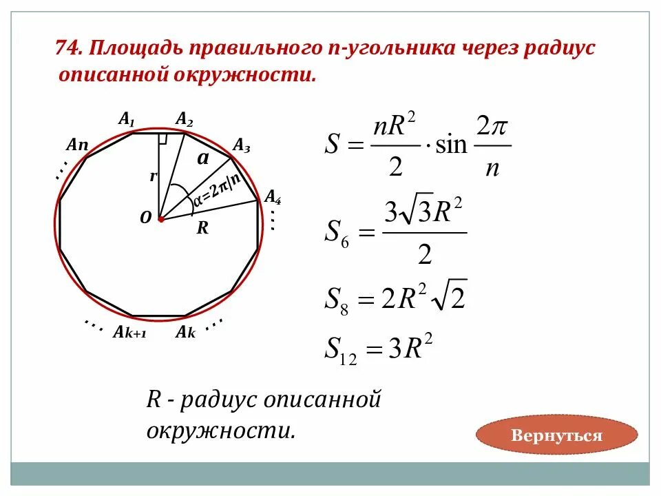 Радиус через. Площадь через радиус. Площадь правильного угольника. R радиус описанной окружности. Площадь правильного п угольника.