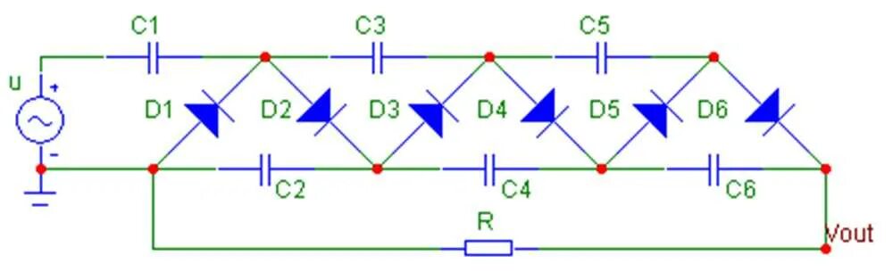 Схема умножителя напряжения на диодах и конденсаторах. Электрическая схема умножителя напряжения. Схема умножителя напряжения постоянного тока. Диодный умножитель напряжения схема.