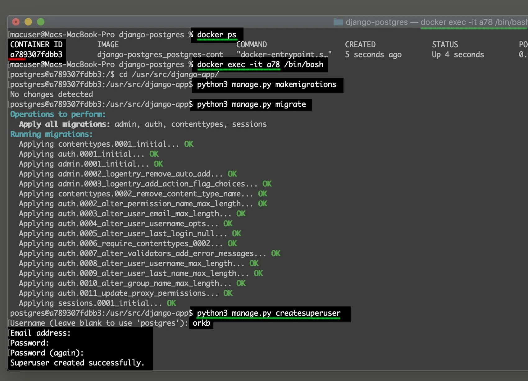 Python + Django + POSTGRESQL. Django admin POSTGRESQL. Django createsuperuser Command. Python Django DRF POSTGRESQL js TS.